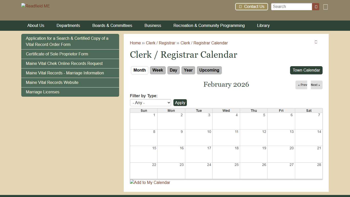 Clerk / Registrar Calendar Readfield ME